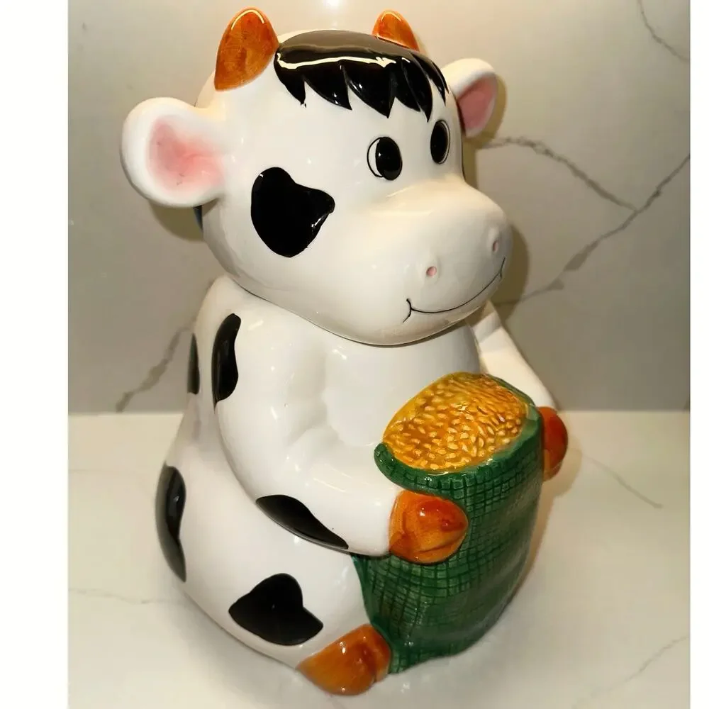Vintage Cookie Jar White Cow Black Spots Holding Corn Bag